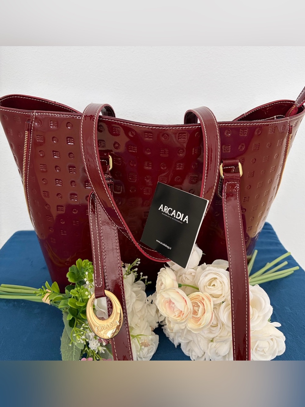 Arcadia Italy Burgundy Patent Leather Tote with Gold Accents Brand New
